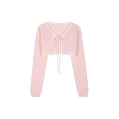 甜美长袖粉色短上衣ALazyPig系带