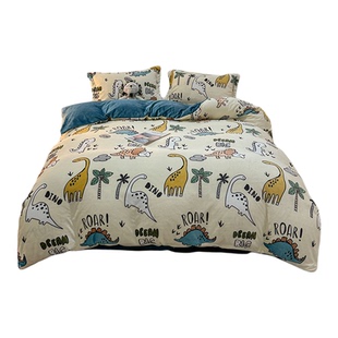 儿童牛奶绒四件套珊瑚绒男孩恐龙床单被套床上用品三件套冬季加厚