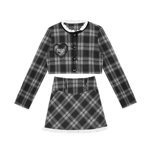 SagiDolls少女斗志 财阀千金小香风黑白格甜美乖巧秋冬套装保暖春