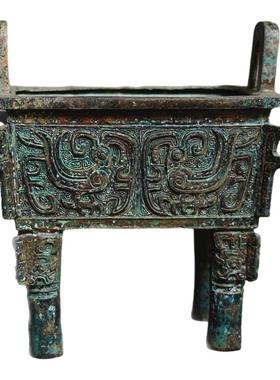 仿古青铜器做旧凤纹铜鼎双凤方鼎乔迁送礼办公室摆件工艺装饰礼品