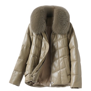 真皮羽绒服女士外套狐狸毛领韩版90白鸭绒皮夹克冬季加厚绵羊皮衣
