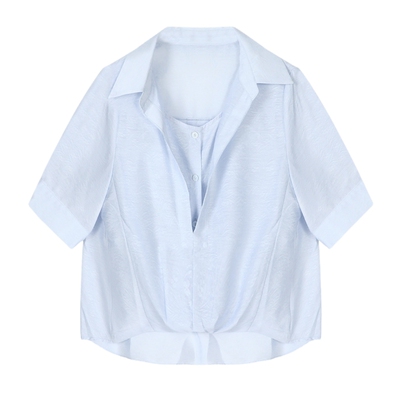 Basic House/百家好假两件短袖衬衫女宽松设计感纯色衬衣夏装新款