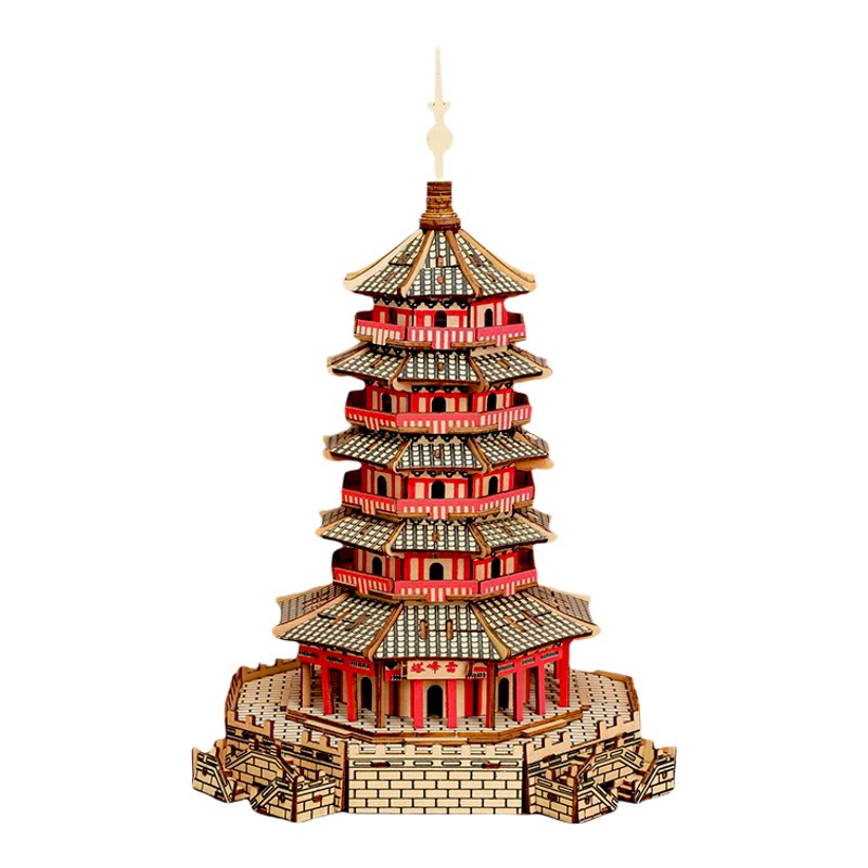木质diy拼装建筑积木模型 益智组装佛宫寺木塔材料包立体拼图玩具