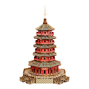 木质diy拼装建筑积木模型 益智组装佛宫寺木塔材料包立体拼图玩具