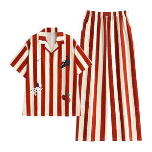 悦内带胸垫睡衣女款夏季夏天纯棉短袖长裤家居服时尚大红色本命年