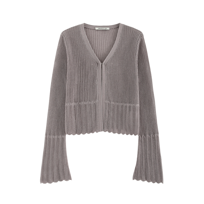 【榆钱】随性度假风镂空轻薄棉麻V领显瘦喇叭袖防晒小开衫-SS05