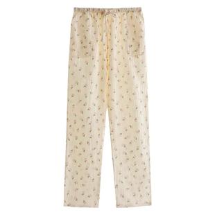 绉布印花睡裤女士春秋夏季纯棉纱布双层薄款宽松系绳长裤家居裤