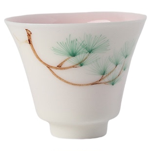 高端玉瓷手绘苍松翠柏撇口杯品茗杯高颜值仙女粉彩功夫茶具茶杯