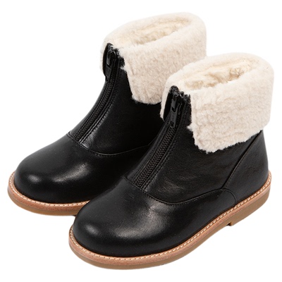 Little winkaa翻毛领拉链毛靴牛皮加绒保暖短靴冬季女童马丁靴