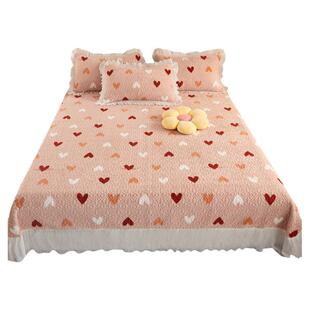 秋冬季牛奶绒夹棉床盖单件榻榻米床铺盖公主风花边加绒保暖三件套