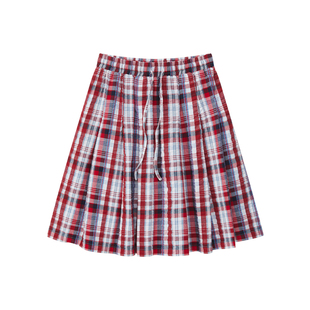 【限时八折】UNRETRO 复古学院风格纹半身裙女夏季抽绳A字百褶裙