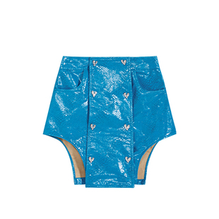 M0321 原创2021蓝色双排纽扣pu高腰短裙