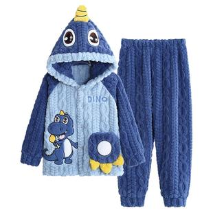 儿童睡衣男孩2025新款秋冬珊瑚绒卡通恐龙加绒保暖法兰绒男童套装