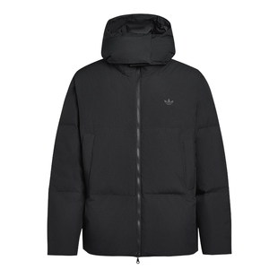 阿迪达斯三叶草鸭绒连帽面包服冬男黑色短款下摆抽绳羽绒服KG4895