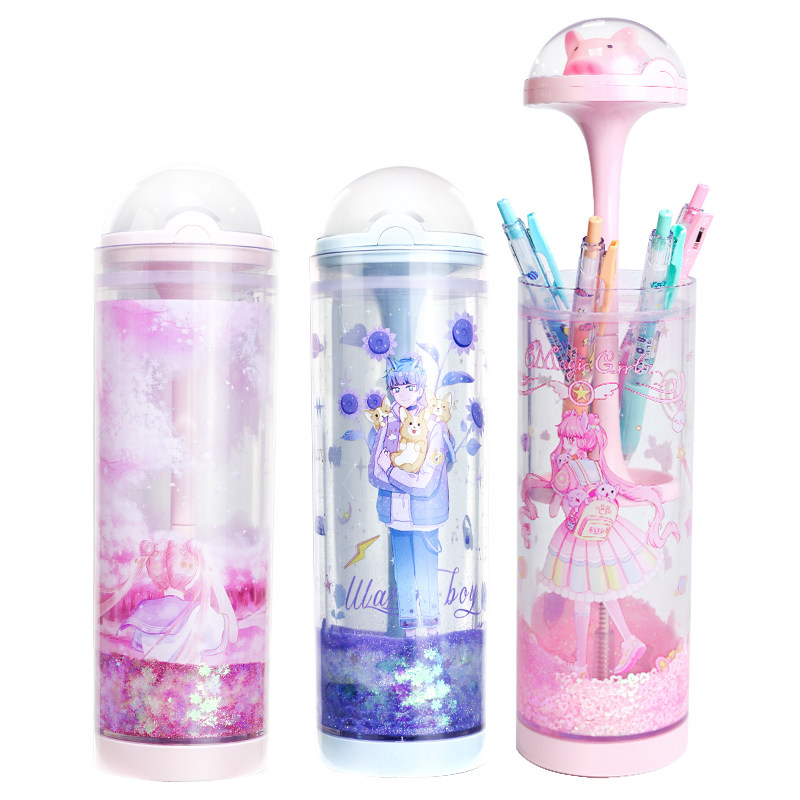 圆筒不倒翁升降文具盒学生日系少女太空舱双层透明网红流沙铅笔盒