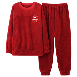 情侣睡衣秋冬季女款法兰绒加厚加绒红色套装男士结婚珊瑚绒家居服