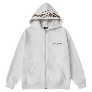 404MOB复古美式秋冬花体字母刺绣连帽开衫卫衣男休闲潮流加厚外套