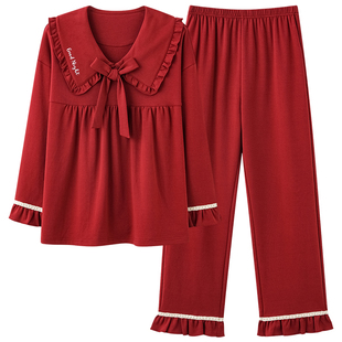 北极绒春秋季睡衣女长袖红色本命年可爱纯棉公主风家居服两件套装