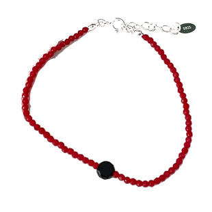 极简天然黑玛瑙红色尖晶石串珠925纯银手链 轻奢高级感极细手串