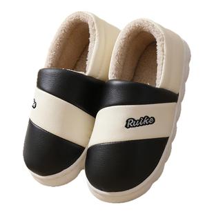 防水棉拖鞋女款冬季2025新款家居保暖包跟厚底防滑皮面棉鞋男外穿