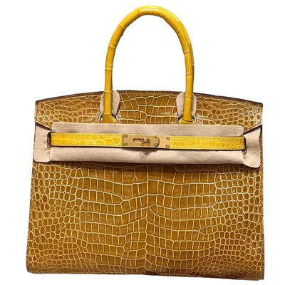 倒V湾鳄进口亮面鳄鱼皮BK铂金包30CM女士手提包手工外缝琥珀黄