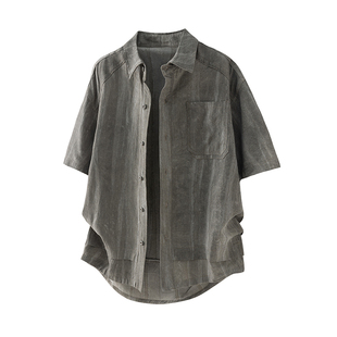 美式潮牌天丝亚麻混纺短袖衬衫男士夏季新款宽松透气翻领半袖衬衣