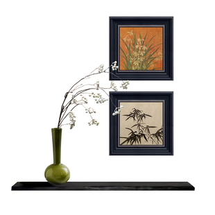 中古风竹子兰花图玄关过道组合挂画黑色置物架壁挂走廊尽头装饰画