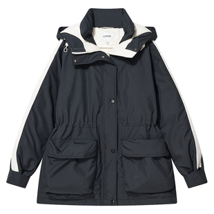 COVERINS2024年冬新款白鹅绒户外工装风抽绳收腰连帽羽绒服外套女