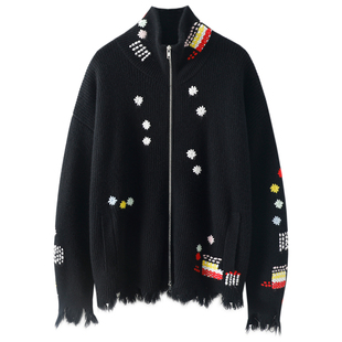 耀眼!时尚当道~纯手工绣花加厚100%纯山羊绒拉链开衫女高领外套