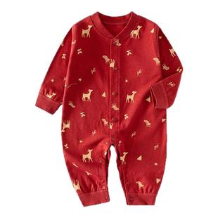 婴儿拜年服百天宝宝衣服满月连体衣红色哈衣喜庆秋冬过年纯棉衣服