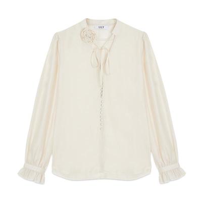 LILY玫瑰花朵领醋酸雪纺衫