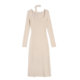 MULVAN 【现货7折】挂脖针织连衣裙女收腰褶皱中长款方领长袖裙子