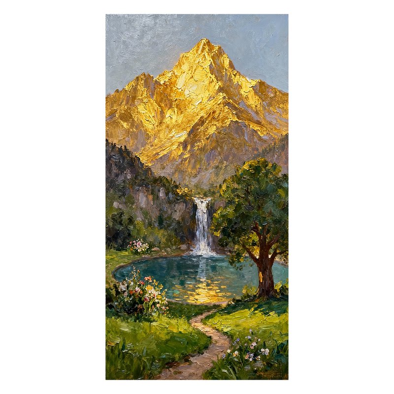 白鹿艺术纯手绘油画日照金山风景