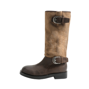 真皮~骄屿复古皮带扣中筒堆堆靴秋冬新款骑士靴粗跟不过膝长筒靴