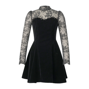 时尚减龄复古风性感a字连衣裙收腰显瘦半高领名媛穿搭小黑裙女装