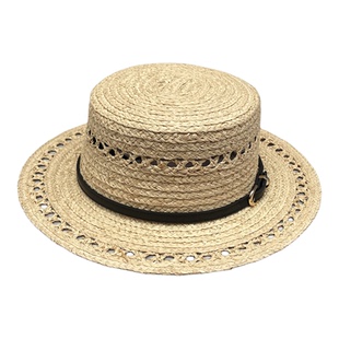 法式气质皮带镂空平顶拉菲草帽女夏季防晒遮阳帽优雅度假编织礼帽