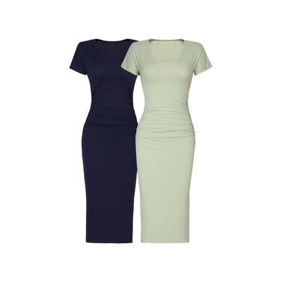 XULU原创人棉针织百搭气质温婉纯色包臀裙修身U领短袖开叉连衣裙