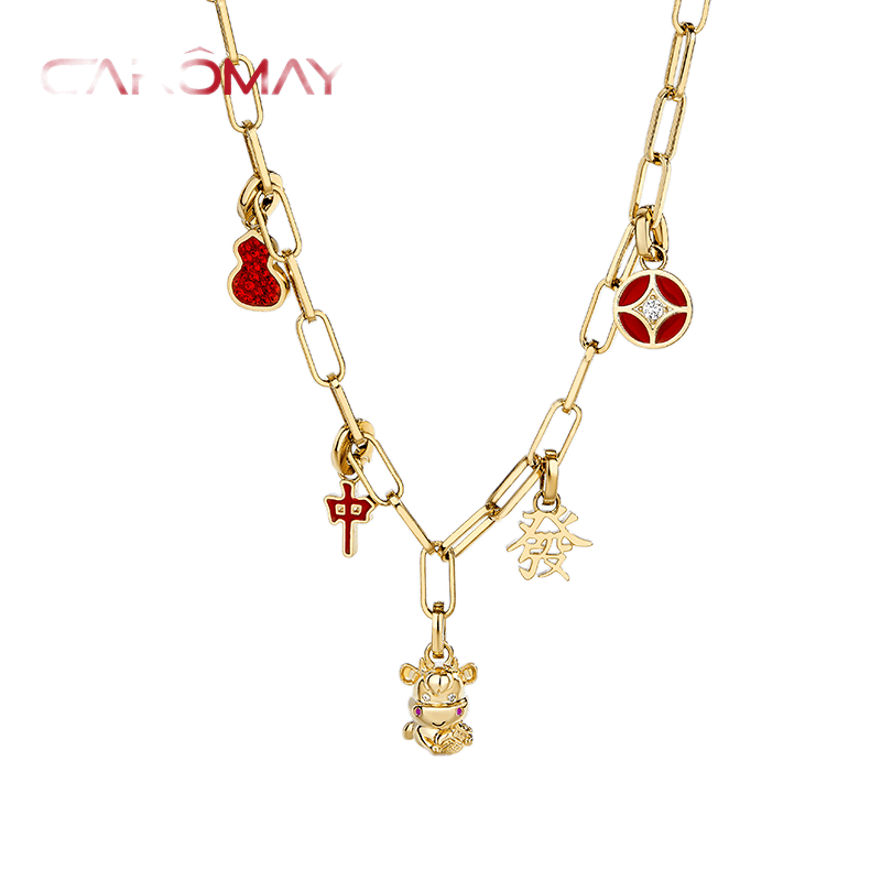CAROMAY设计师款生肖牛项链女复古国风麻将锁骨链小众设计感颈链
