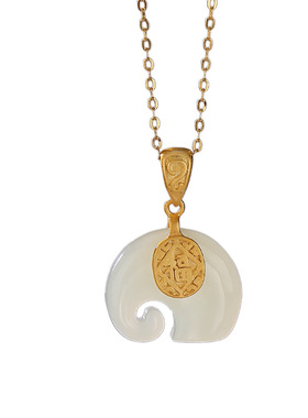 山予棠S925纯银镀金和田玉复古吉祥小象吊坠福在眼前百搭女士挂坠