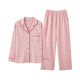 三枪睡衣女士纯棉春秋长袖开襟甜美樱桃印花柔软家居服套装可外穿