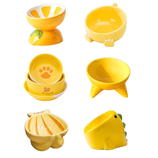 可爱陶瓷猫碗倾斜高脚护颈猫盘狗碗饮水宠物碗食盘防打翻防黑下巴