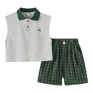 砚台家男童夏装套装小童男孩无袖拼色Polo衫格子短裤两件套潮夏季