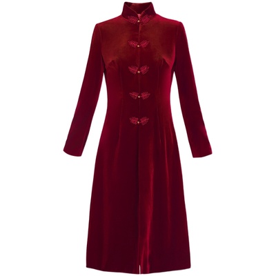 木真了立领凤尾扣中长款风衣外套