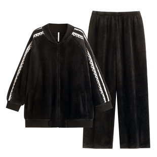 悦内睡衣女冬季秋冬款珊瑚绒加厚加绒法兰绒家居服冬装休闲运动风