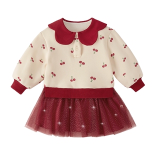[抑菌抗静电]女童裙子宝宝秋冬加绒卫衣裙洋气春装儿童红色连衣裙