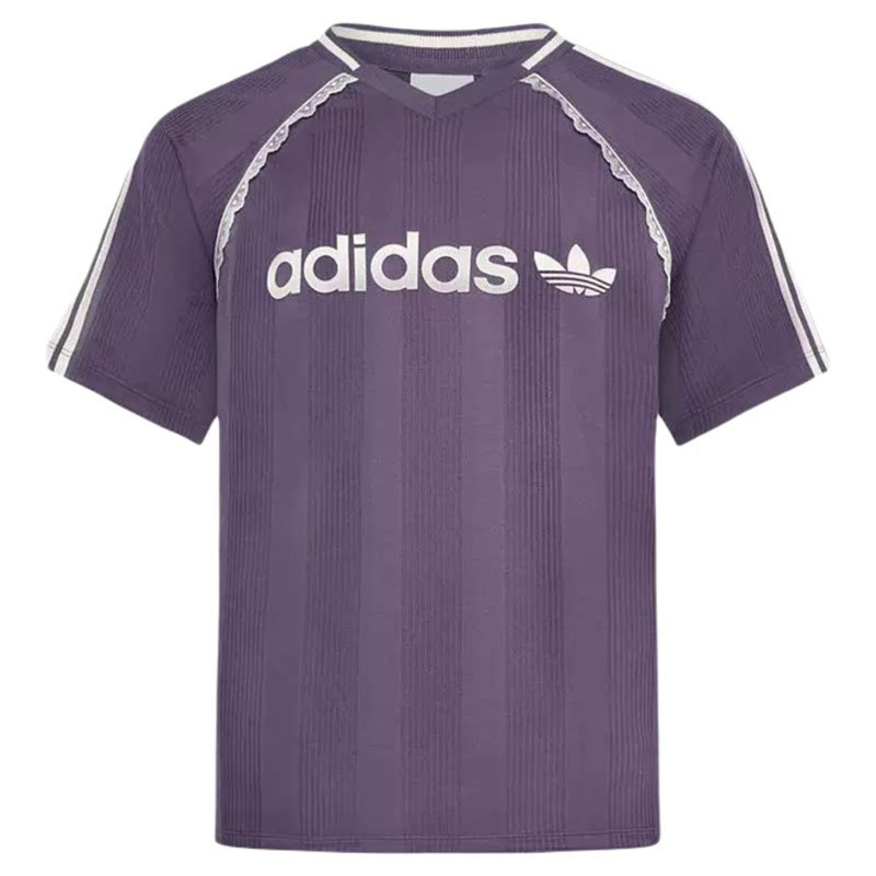adidas阿迪达斯三叶草T恤女装蕾丝点缀撞色条纹短袖LF2323 LF2324