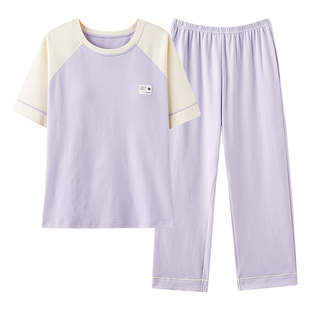 2025春夏季睡衣女士短袖长裤纯棉红色中年加大码带胸垫家居服套装