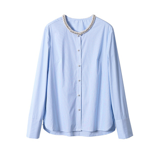 淘么淘 满屏俏丽动人 手工珍珠水钻镶边棉质蓝白条纹宽松长袖衬衫