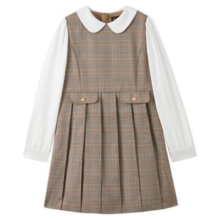 eland kids衣恋童装女童连衣裙春秋季英伦风格纹百褶裙翻领裙子