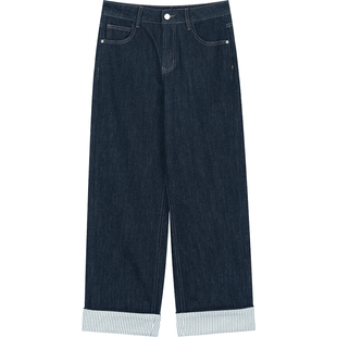 妖精的口袋复古美式翻边牛仔裤女2025年秋季新款高腰显瘦直筒裤子